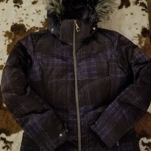 Blue plaid down coat removal fur hood